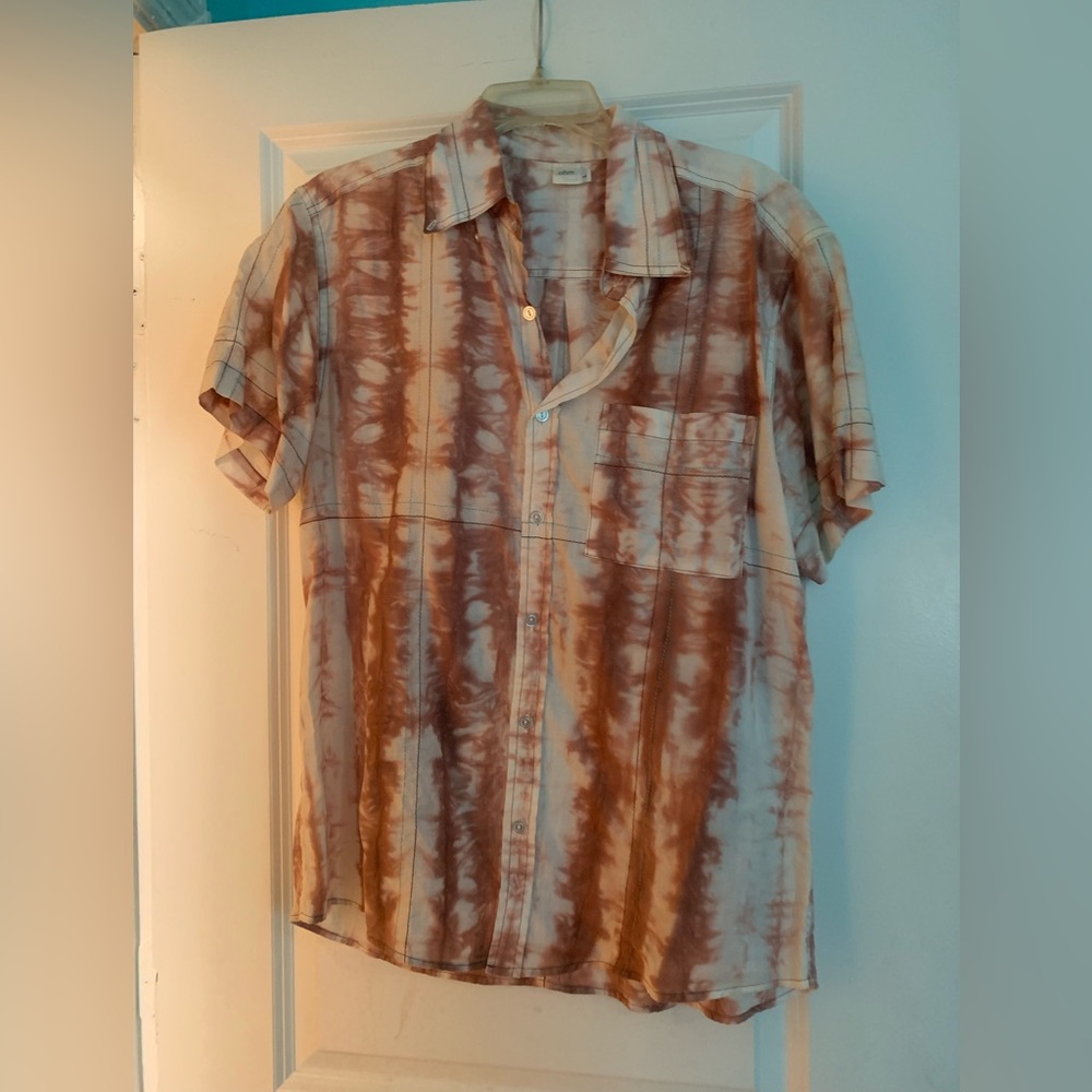 Oh Men's Casual Tan and Cream Button-Down Shirt